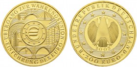Bundesrepublik Deutschland. 200 Euro-Goldmünze 2002 J. Übergang zur Währungsunion - Einführung des Euro. J. 494. 31,1 g 
(1 Unze Feingold) mit Zertifi...