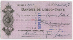 French Indochina Vietnam Banque de l'Indochine Cheque for 100 Francs Peking Beijing Agency 1923