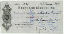 French Indochina Vietnam Banque de l'Indochine Cheque for 45 Francs Peking Beijing Agency 1924