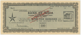 India Bank of India Travellers Cheque for 100 Rupees Specimen