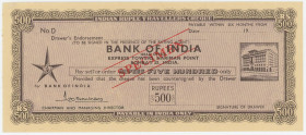 India Bank of India Travellers Cheque for 500 Rupees Specimen