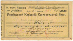 Russia - Ukraine Kiev People's Cooperative Bank 3000 Karbovantsev 1920 Rare Only 4 pcs. Known
