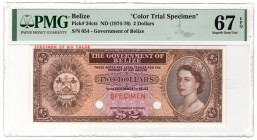 Belize 2 Dollas 1974 (ND) Color Trial PMG 67