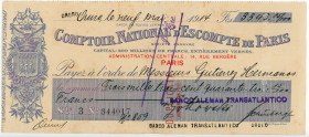 Bolivia Comptoir National d'Escomptes de Paris Oruro Cheque for 3343 Francs 1914