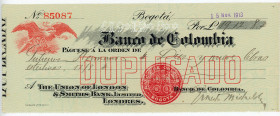 Colombia Banco de Colombia Bogota Cheque for £19.12.8 1913