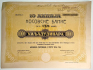 Yugoslavia Kosovska Banka 10 Share for 1000 Dinara Kosovska-Mitrovica 1923