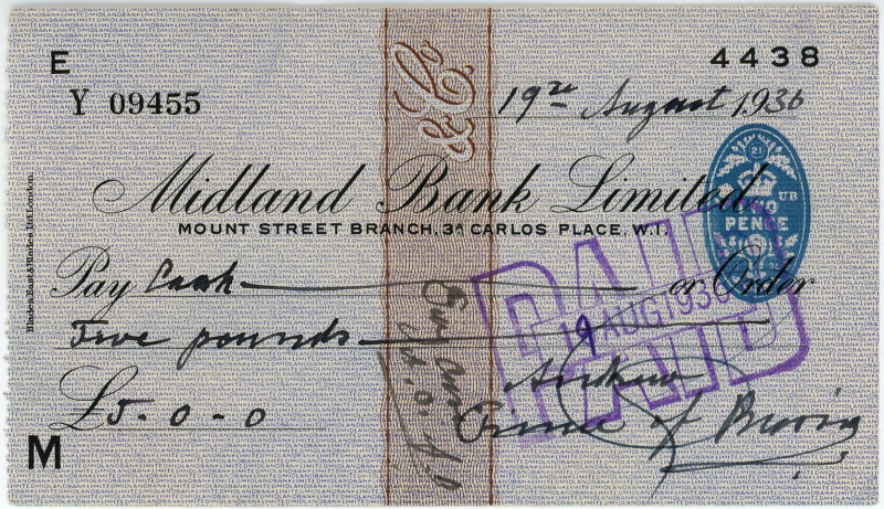 Russia Prince Andrei Alexandrovich Romanov of Russia Check for £5 1936

# 9455...