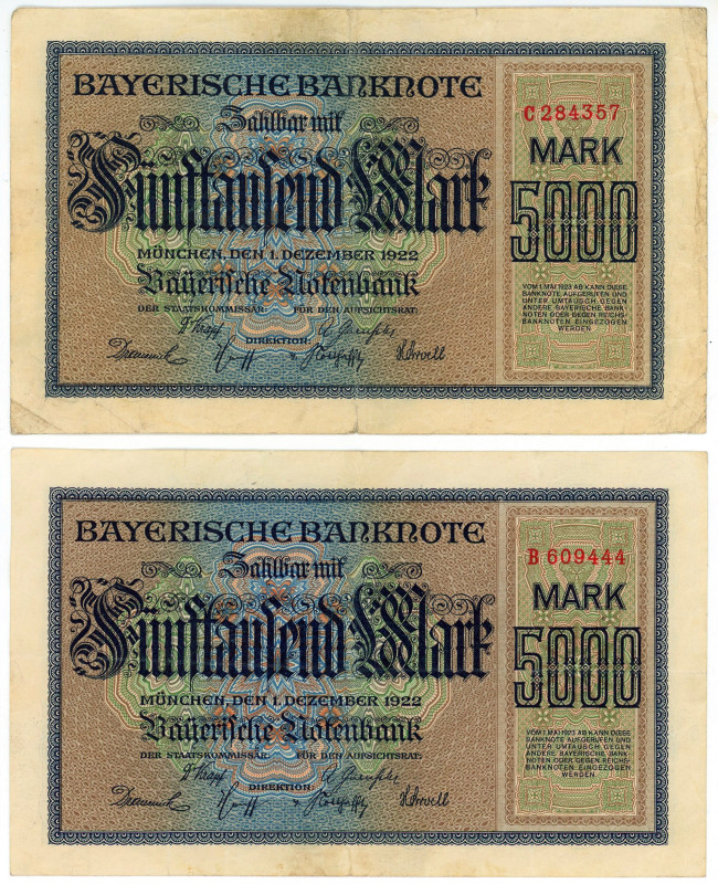 Germany - Weimar Republic Bayerische Notenbank 2 x 5000 Mark 1922

P# S925, N#...