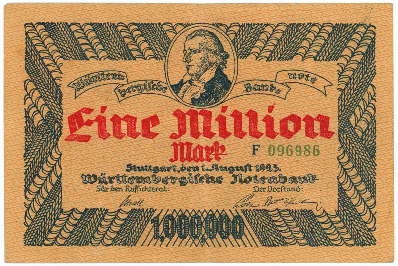 Germany - Weimar Republic Württembergische Notenbank 1 Million Mark 1923

P# S...