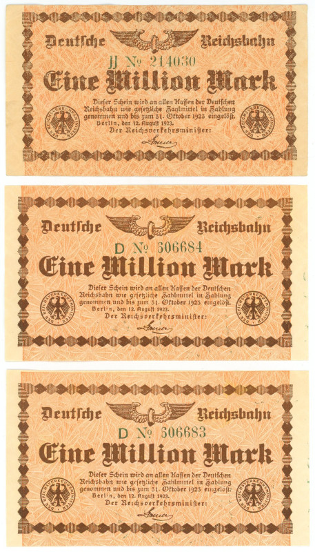 Germany - Weimar Republic Deutsche Reichsbahn 3 x 1000000 Mark 1923

P# S1011,...
