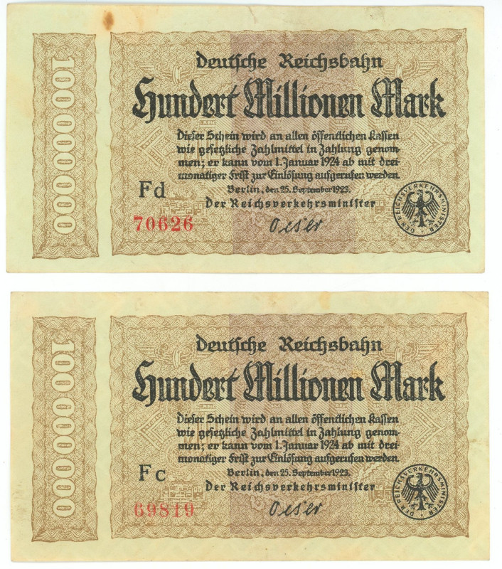 Germany - Weimar Republic Deutsche Reichsbahn 2 x 100000000 Mark 1923

P# S101...