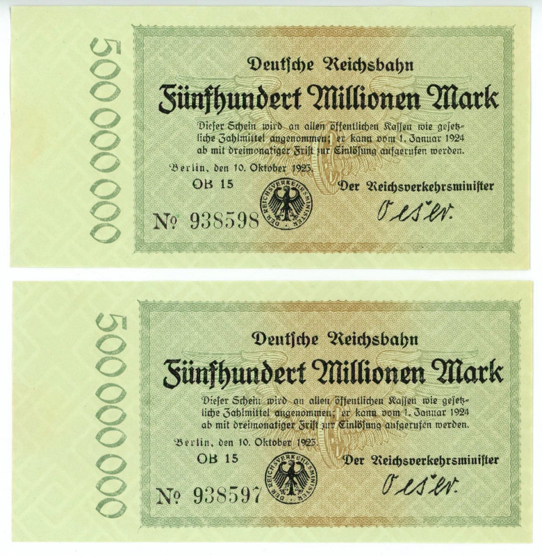 Germany - Weimar Republic Deutsche Reichsbahn 2 x 500000000 Mark 1923 With Conse...