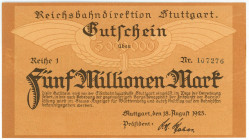 Germany - Weimar Republic Reichsbahndirektion Stuttgart 5 Millionen Mark 1923