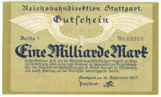 Germany - Weimar Republic Reichsbahndirektion Stuttgart 1 Milliarde Mark 1923