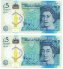 Great Britain 2 x 5 Pounds 2015 With consecutive Numbers
