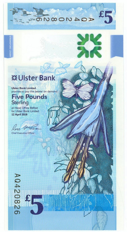 Northern Ireland Ulster Bank 5 Pounds 2018

P# 343a, N# 217505; # AQ 420826; U...