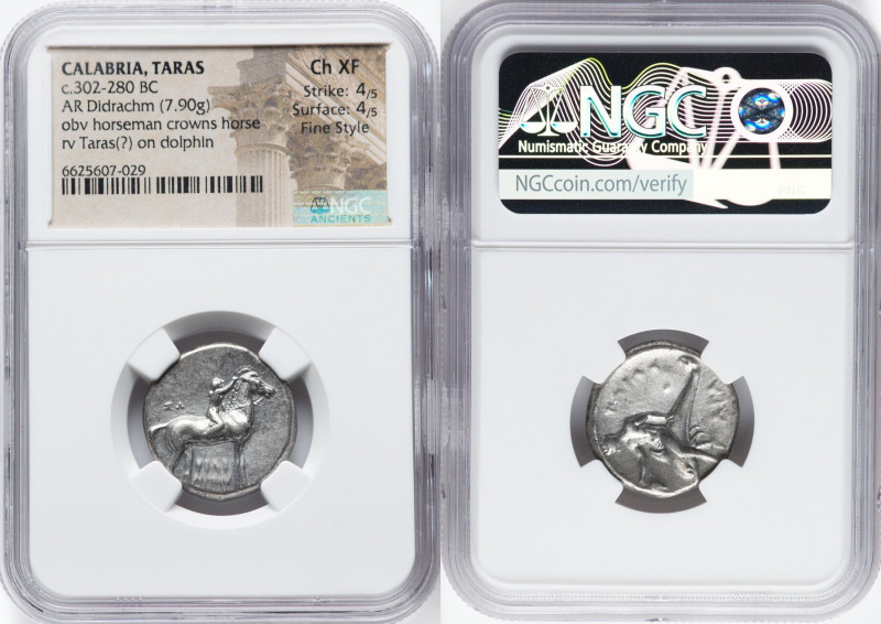 CALABRIA. Tarentum. Ca. 302-281 BC. AR didrachm (21mm, 7.90 gm, 9h). NGC Choice ...