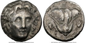 CARIAN ISLANDS. Rhodes. Ca. 305-275 BC. AR didrachm (18mm, 12h). NGC Choice VF, flan flaw. Head of Helios facing, turned slightly right, hair parted i...