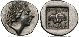 CARIAN ISLANDS. Rhodes. Ca. 88-84 BC. AR drachm (15mm, 10h). NGC XF. Plinthophoric standard, Euphanes, magistrate. Radiate head of Helios right / EYΦA...