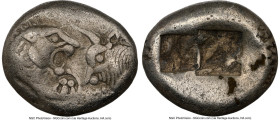 LYDIAN KINGDOM. Croesus (561-546 BC). AR half-stater or siglos (16mm, 5.14 gm). NGC VF 5/5 - 2/5, countermarks. Croeseid standard, Sardes. Confronted ...