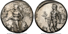 PAMPHYLIA. Side. Ca. 400-360 BC. AR stater (22mm, 12h). NGC VF, brushed. Athena standing left, Nike right in right hand, left hand on grounded shield;...