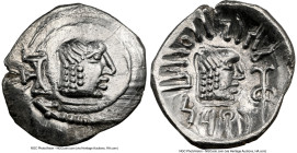 ARABIA FELIX. Himyarites. 'Amdan Bayyin (ca. 1st century AD). AR scyphate drachm (15mm, 1.60 gm, 3h). NGC MS 5/5 - 3/5. Raidan mint. Male head right w...