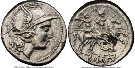 Anonymous. Ca. 209-208 BC. AR denarius (18mm, 4h). NGC Choice XF, scratch, brushed. Sicily. Head of Roma right, wearing pendant earring, beaded neckla...