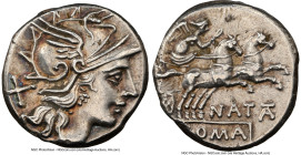 Pinarius Natta (ca. 155 BC). AR denarius (17mm, 5h). NGC AU. Rome. Head of Roma right, wearing pendant earring, beaded necklace and winged helmet surm...