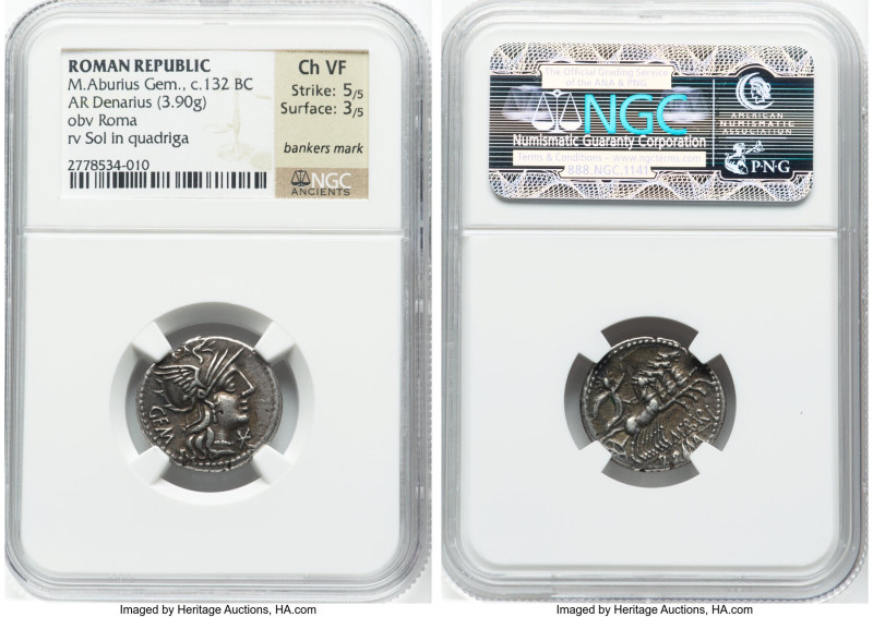 M. Aburius Geminus (ca. 132 BC). AR denarius (20mm, 3.90 gm, 11h). NGC Choice VF...