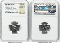 M. Calidius, Q. Metellus, and Cn. Fulvius (ca. 117-116 BC). AR denarius (19mm, 3.74 gm, 2h). NGC Choice VF 4/5 - 3/5. Rome. ROMA, head of Roma right, ...