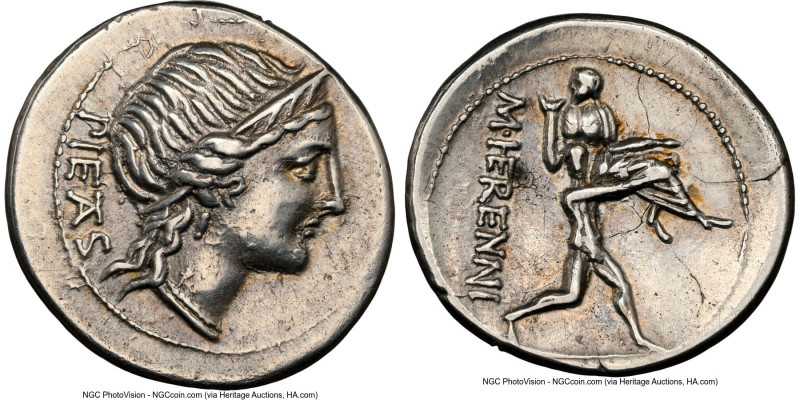 M. Herennius (ca. 108-107 BC). AR denarius (20mm, 3.53 gm, 5h). NGC Choice XF 5/...