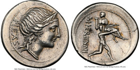 M. Herennius (ca. 108-107 BC). AR denarius (20mm, 3.53 gm, 5h). NGC Choice XF 5/5 - 3/5, edge cut. Rome. PIETAS (TA ligate), head of Pietas right; •S ...