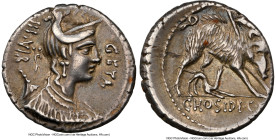 C. Hosidius C.f. Geta (ca. 68 or 64 BC). AR denarius (18mm, 4h). NGC Choice VF. Rome. GETA / III•VIR, draped bust of Diana right, seen from front, wea...