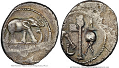 Julius Caesar, as Dictator (49-44 BC). AR denarius (20mm, 3.87 gm, 10h). NGC (photo-certificate) Choice VF 3/5 - 2/5, edge chip. Military mint traveli...