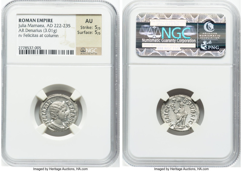 Julia Mamaea (AD 222-235). AR denarius (19mm, 3.01 gm, 12h). NGC AU 5/5 - 5/5. R...