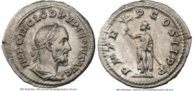 Pupienus (April-July AD 238). AR denarius (21mm, 2.93 gm, 1h). NGC Choice XF 5/5 - 3/5, marks. Rome. IMP C M CLOD PVPIENVS AVG, laureate, draped and c...