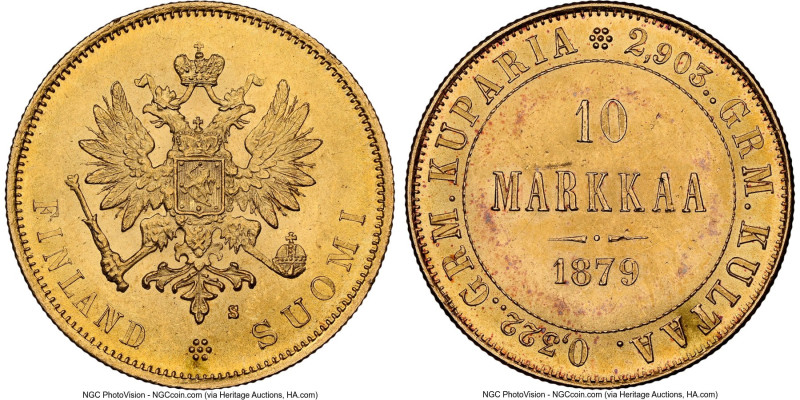 Russian Duchy. Alexander II gold 10 Markkaa 1879-S MS63 NGC, Helsinki mint, KM8....