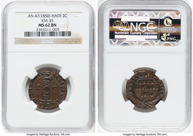 Faustin I 2 Centimes L'An 47 (1850) MS62 Brown NGC, KM35. With star above denomi...