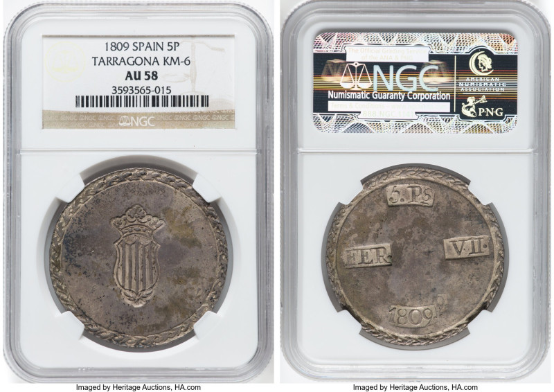 Tarragona. Ferdinand III 5 Pesetas 1809 AU58 NGC, KM6. Shadowing of last digit o...