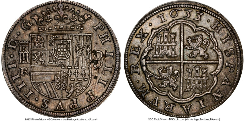 Philip IV 8 Reales 1633/3 (Aqueduct)-R AU58 NGC, Segovia mint, KM111 (overdate u...