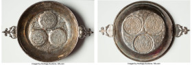 Cast, Hammered and Engraved silver Bowl ND, 143mm in diameter. 197.2gm. Includes cast impressions of three crown sized World coins which include (Besa...