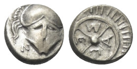 Thrakien. Mesembria.

 Diobol (Silber). Ca. 420 - 320 v. Chr.
Vs: N - [I]. Korinthischer Helm en face.
Rs: META in vierspeichigem Rad, das von ein...