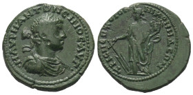 Bithynien. Nikomedia. Elagabalus (218 - 222 n. Chr.).

 Bronze.
Vs: Büste mit Lorbeerkranz, Paludament und Panzer rechts.
Rs: Tyche mit Ruder und ...