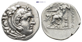 Kingdom of Macedon, Alexander III 'the Great' AR Drachm. (18mm, 4.1 g) Uncertain mint, circa 336-323 BC. Head of Herakles to right, wearing lion skin ...