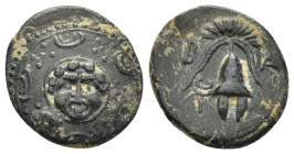 Kingdom of Macedon, Philip III Arrhidaios Æ (17mm, 3.41 g). Struck under Nikokreon. Salamis, 323-317 BC. Macedonian shield, facing gorgoneion on boss ...
