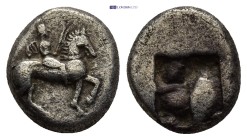 Greek
THRACO-MACEDONIAN REGION. Uncertain tribe or mint, (circa 475-465 BC)
AR Tetrobol (12.6mm 2.76g)
Obv: Horseman to right, wearing chlamys, hol...