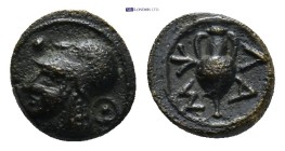 Greek
MYSIA. Lampsakos. (4th-3rd centuries BC).
Obv: Helmeted head of Athena left; Θ behind neck.
Rev: ΛAMΨ. Amphora.
BMC 61
Rare