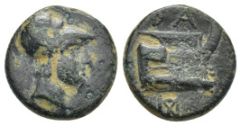 KINGS of MACEDON. Demetrios I Poliorketes. 306-283 BC. Æ (15mm, 3.6 g). Salamis mint. Helmeted head of Athena right / Prow right; monogram below.