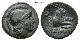 KINGS OF THRACE. Lysimachos (305-281 BC). Ae. (13mm, 1.8 g) Lysimacheia. Obv: Helmeted head of Athena right. Rev: BAΣΙΛΕΩΣ ΛYΣIMAXOY. Forepart of lion...