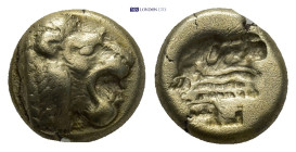 LESBOS, Mytilene. Circa 521-478 BC. EL Hekte – Sixth Stater (10mm, 2.53 g). Head of roaring lion right, ‘sun’ on forehead / Incuse head of calf right;...